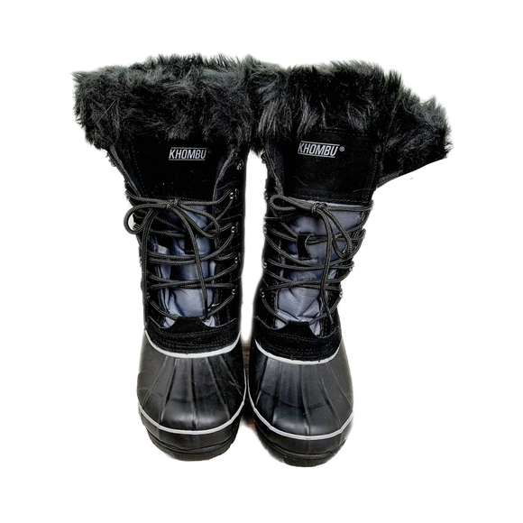 Khombu Nordic 2 Womens Black Leather Waterproof Faux Fur Lace Boots Size 9M New! - Picture 2 of 9